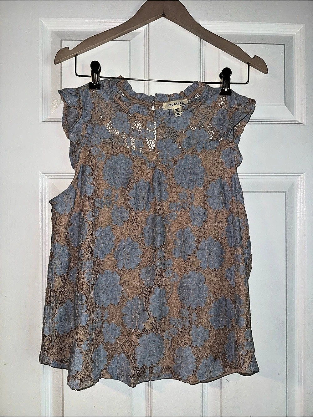 Monteau Floral Lace Top in Blue & Brown XL Like New